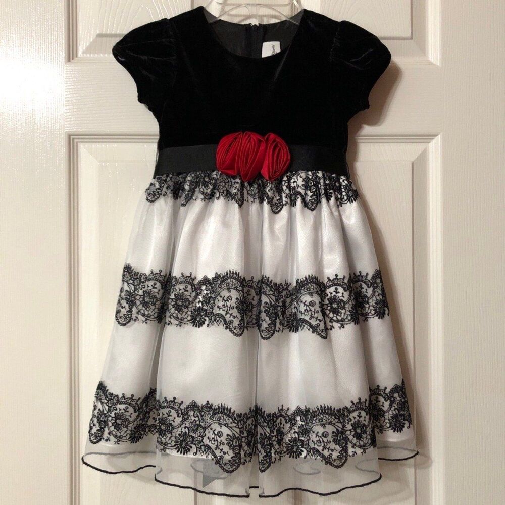 Girls Dress Size 4/4T Rare Editions Black and White with Red Roses